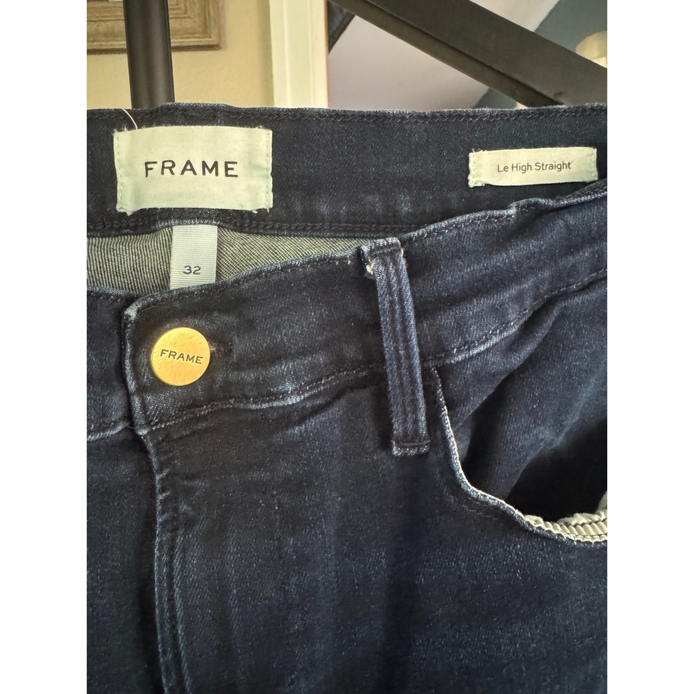 FRAME Le High Straight Jeans 32 Dark Wash High Rise Raw Hem Distressed - Picture 4 of 5